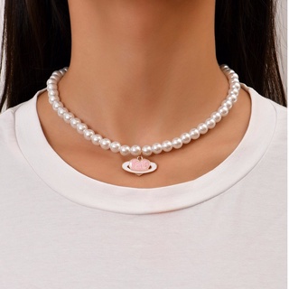 สร้อยคอลูกปัดจี้หัวใจ Faux Pearl Decor Heart Charm Necklace