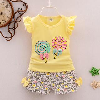 ใหม่ ชุดเสื้อยืด ผ้าฝ้าย สีแคนดี้ กางเกงขาสั้น สําหรับเด็กผู้หญิง 2 ชิ้น