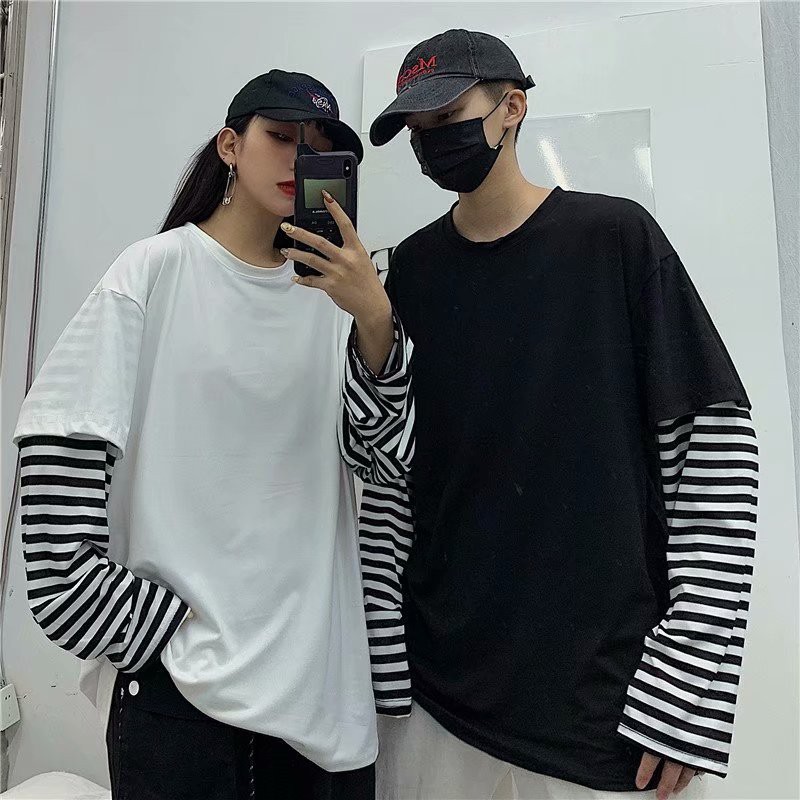 Hot sale/ เสื้อผ้าลำลอง เสื้อยืด แขนยาว แขนริ้วริ้ว ฤดูใบไม้ร่วงปลอมเสื้อสวมหัวแขนยาวลายสองชิ้น