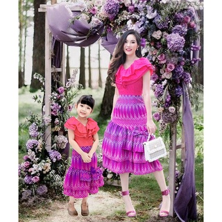 ชุดไทย ชุดแม่ลูก ชุดไปประยุกต์ Fueng-Fah Dress สีบานเย็น เดรสผ้าไทย ผ้าทอคราม ชุดไปทำบุญ ชุดคู่ เดรสสวย