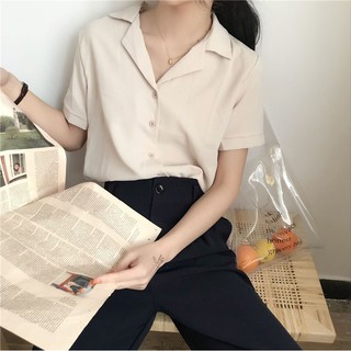 เสื้อชีฟองแขนสั้นผู้หญิงสีทึบด้านบน womens shirts