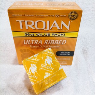 TROJAN® Ultra Ribbed Lubricated Condoms 5, 10, 24, 36 Pieces โทรจัน คอนดอม 53 mm ถุงยางอนามัยน้ำยางพรีเมี่ยม USA Condom