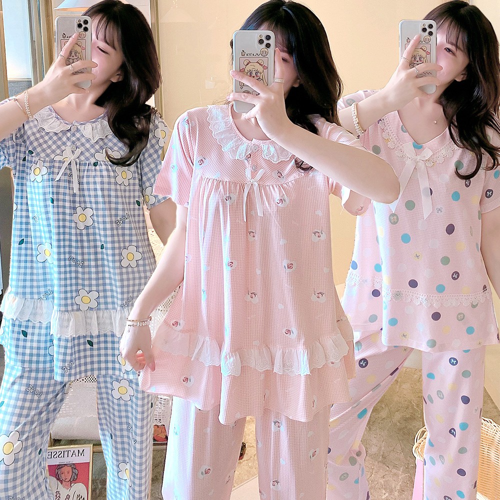 ชุดนอนผู้หญิง pijamas seluar tidur ผู้หญิง piyama ผู้หญิงชุดสวมใส่ baju tidur plus ขนาดผู้หญิงชุดนอนน่ารักชุดสีเหลือง