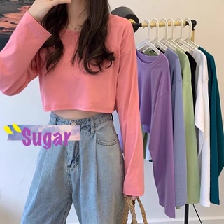 Sugar🥑🥓พร้อมส่ง  🥑🥓 เสื้อแขนยาว เสื้อครอปแขนยาว คอกลม คอกว้าง สไตล์เกาหลีสำหรับผู้หญิง เสื้อแขนยาวผู้หญิง (922）