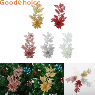 【Good】Christmas Poinsettia Glitter Flower Pine Branches Tree Hanging Decoration 20CM【Ready Stock】