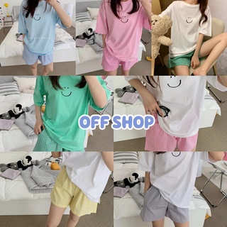 OFF SHOP พร้อมส่ง (OFF-DX-SY-Smile) ชุดนอน เสื้อยืดแขนสั้น+กางเกงขาสั้นลายสก็อดผ้านิ่มใสสบาย 05