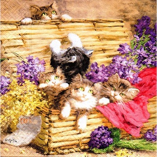 Pladao Napkin ภาพวินเทจ Playing Kitties แมวน้อยในหีบ กระดาษ แนพกิ้น สำหรับงานศิลปะ เดคูพาจ decoupage ขนาด L 33x33