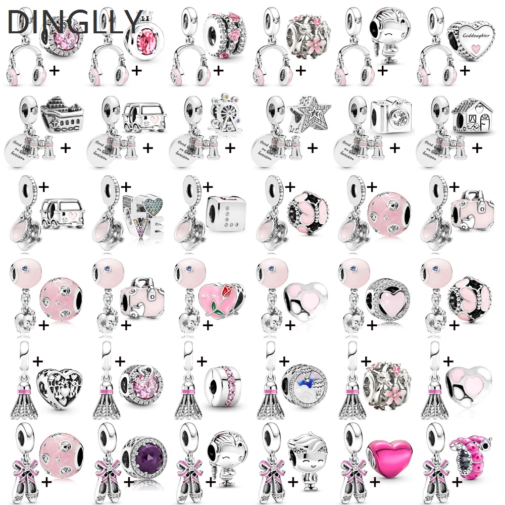 Dinglly 2 ชิ้น สีชมพู หูฟัง กล้องส่องทางไกล เสน่ห์ สาว หัวใจ กระเป๋าเดินทาง ลูกปัด รองเท้าเต้นรํา อากาศร้อน บอลลูน จี้ DIY อุปกรณ์เสริม