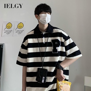 Ielgy เสื้อโปโลผู้ชาย สไตล์ฮ่องกง ทรงหลวม ลายทาง