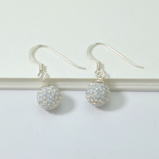 SILVER THAI Silver White Opal Crystal Ball Hook Earrings 8 mmต่างหูคริสตัลโอปอลสีขาวเงินแท้ขนาด 8 mmเงินแท้925 ใส่ออกงาน