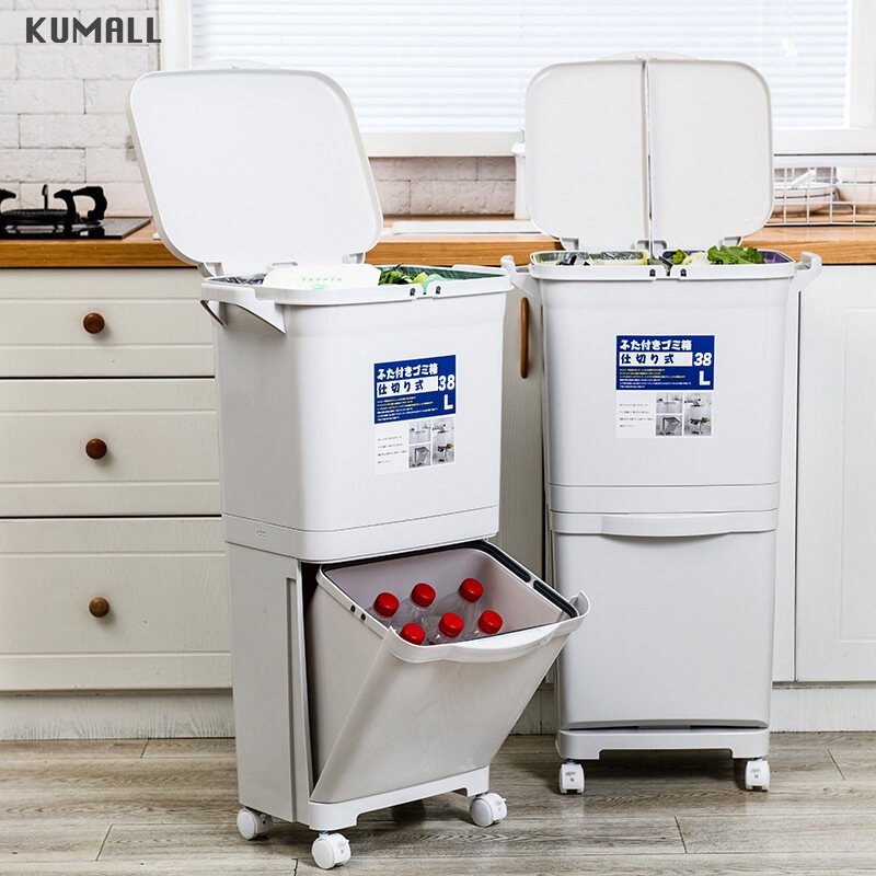 【ส่วนลด 50%】✾✑▽KUMALL ถังขยะทรงสี่เหลี่ยมเปิดปิด 38L นาดใหญ่ คัดแยกขยะ มีล้อ trash can 38L