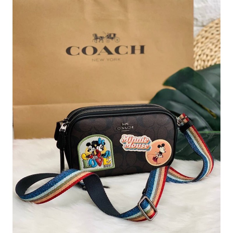 COACH CROSSBODY POUCH IN SIGNATURE WITH MINNIE MOUSE PATCHES