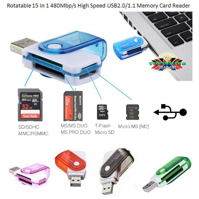 Rotatable 15 In 1 480Mbp/s High Speed USB2.0/1.1 Memory Card Reader