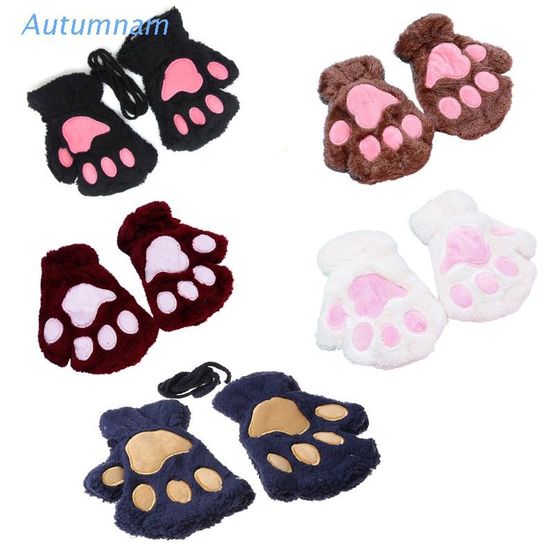 Women Winter Warm Half Finger Gloves Cartoon for Cat Plush Fingerless Mitten