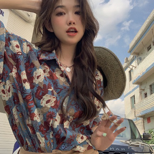 เสื้อเชิ้ตแขนสั้น ทรงหลวม ลายดอกไม้ สไตล์ฝรั่งเศส แฟชั่นฤดูร้อน สําหรับผู้หญิง