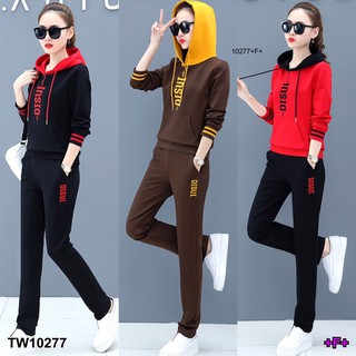 TwinsShopVip💗พร้อมส่ง TW10277 Set วอร์ม เสื้อฮู๊ดทูโทน+กางเกงขายาว สกรีนตัวอักษร