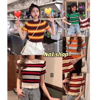 🌈พร้อมส่ง🌈เสื้อยืดคอกลมแขนสั้นผ้าร่องยืดดีมากลายทางน่ารัก(10013)