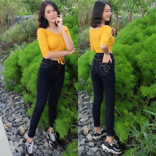 Cc jeans 044 กางเกงยีนส์ผู้หญิง ขายาว เอวสูง 5 กระดุม สีเข้ม กางเกงผู้หญิง