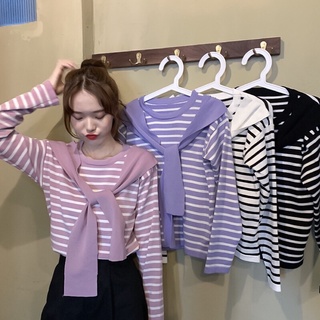 เสื้อยืดผ้าฝ้าย ทรงเกาหลีแขนยาว ลายขวาง มี 5 สี แต่งลายผ้าผูกด้านหน้า