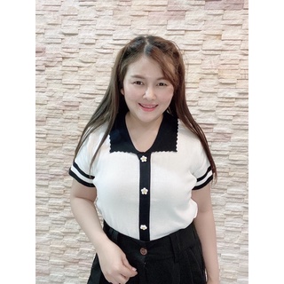 เสื้อไหมพรมคอปก ป้ายกะรัต กระดุมดอกไม้