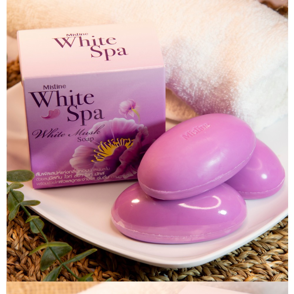 Mistine white spa white musk soap 70g (1 box 3 bars) white spa white musk, face and body soap, bar s