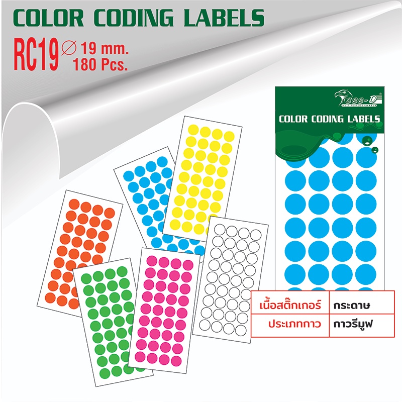 สติ๊กเกอร์วงกลม 19 มม.กาวรีมูฟ ลอกออกได้โดยไม่ทำลายพื้นผิววัสดุ Color Coding Label - RC19 บรรจุ 5 แผ่น ( 180 ดวง/ ห่อ)