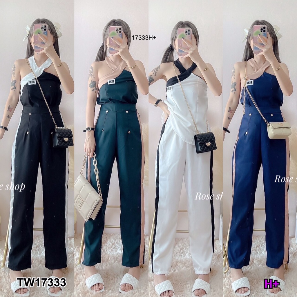 CH17333✨Set 2 ชิ้น เสื้อคล้องคอปก + กางเกงขายาวแถบข้าง