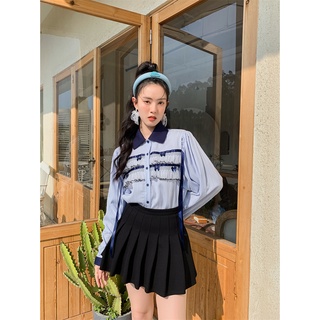 MANSA blue mesh bow patchwork shirt เสื้อเชิ้ตลายตาข่ายสีน้ำเงิน เสื้อแขนบอลลูน