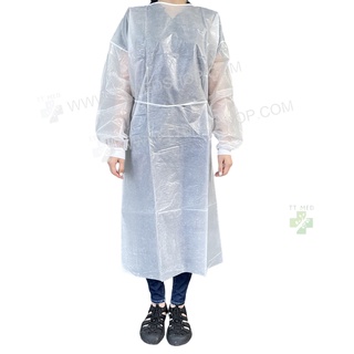 ชุด ISOLATION GOWN เสื้อกาวน์กันน้ำ แบบแขนจั๊มพ์ยางยืด  สีขาว แบบหนา เคลือบสารป้องกันน้ำและสารคัดหลั่ง บรรจุ 10 ชุด/แพค