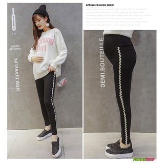 กางเกงเลคกิ้งคลุมท้องด้านข้างแต่งลูกไม้โค้งสีครีม
