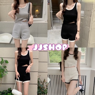 JJ Shop​💜​พร้อมส่ง  ชุดเซ็ต เสื้อกล้ามไหมพรม+กางเกงขาสั้น เอวสม๊อค คิ้วมาก "42027+42028" -N