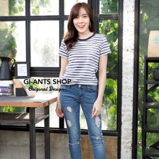 เสื้อยืดคอกลมกุ้นริ้วสลับสี