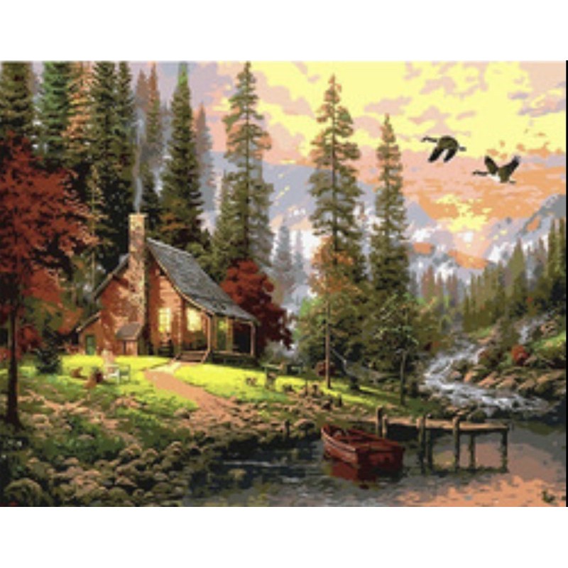 (สีกระปุก) DIY Paint by numbers ภาพระบายสีตามตัวเลข Cabin in the wood ไม่มีเฟรม