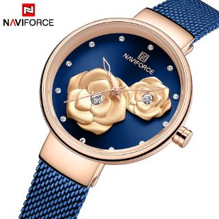 NAVIFORCE ผู้หญิงนาฬิกาแบรนด์ชั้นนำ Rose Gold สีฟ้าควอตซ์สุภาพสตรีนาฬิกาเหล็กตาข่ายนาฬิกาข้อมือกันน้ำสำหรับเด็กผู้หญิง