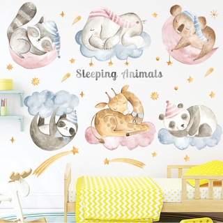 🌼[พร้อมส่ง]สติ๊กเกอร์ติดผนัง Sleep animal การ์ตูนสัตว์นอนหลับน่ารัก แพนด้า ยีราฟ  สติ๊กเกอร์ตกแต่งผนัง ห้องนอน ห้องเด็ก