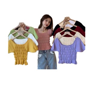 Bonnie(พร้อมส่ง/ใหม่)#3655เสื้อยืดแขนสั้นผู้หญิงคอสี่เหลี่ยมเอวสูงสั้นฤดูร้อนสไตล์เกาหลี