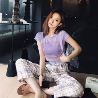 ชุดเซ็ท2ชิ้น เสื้อยืดสีลาเวนเดอร์สกรีนลาย  มาพร้อมกางเกงเอวสูงลายสก็อต