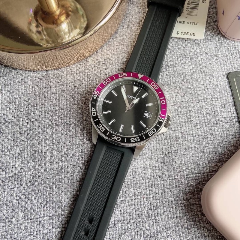 ผ่อน0%  Fossil Bannon Three-Hand Date Black Silicone Watch BQ2508 สีเงินปัดดำ-สายซิลิโคนดำ