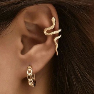 E11 : Gold Hoop Earrings (1pair) and Gold Snake Earrings (1pc) ตุ้มหูห่วงทอง (1คู่) ตุ้มหูแบบหนีบเจ้างูน้อยสีทอง (1ชิ้น)