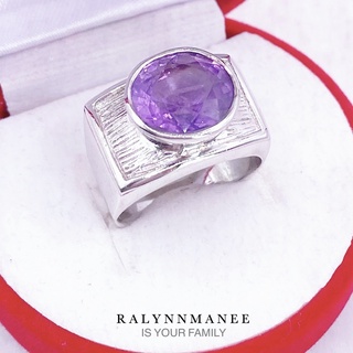 A6409 แหวนชายพลอยอเมทิสต์แท้ ( Amethyst ) ตัวเรือนเงินแท้925 ชุบทองคำขาว แหวนไซส์ 58 ( สั่งแก้ไซส์ได้ )