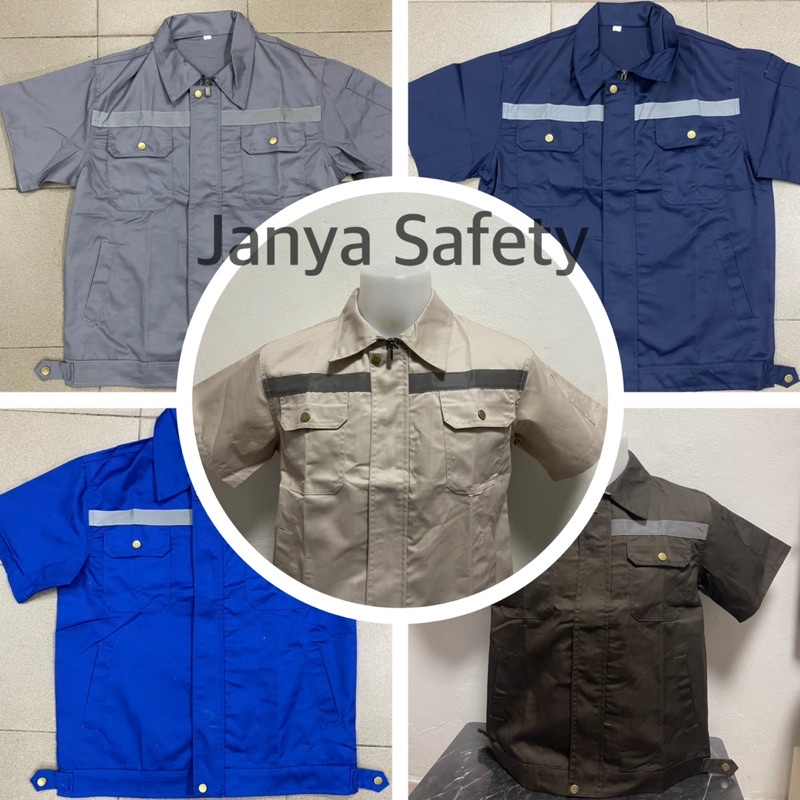 (ออกใบกำกับภาษีได้) เสื้อช็อป แขนสั้นสะท้อนแสง เสื้อทำงาน กระดุมทองเหลือง/งานโพลีเอสเตอร์ผสมฝ้าย