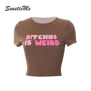 Sweeticme ใหม่ เสื้อยืดลําลอง แขนสั้น คอกลม เข้ารูป พิมพ์ลาย เซ็กซี่ แฟชั่นสําหรับสตรี 2022