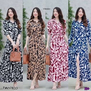 MM17833 เดรสเชิ้ตยาว ผูกเอว พิมลาย Long shirt dress, tied at the waist, printed pattern ..