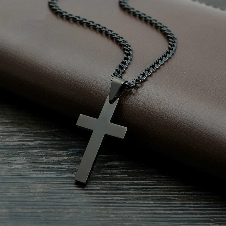 สร้อยคอ ไม้กางเขน Vintage Cross Pendant Necklace Stainless Steel Necklace Black Chain Pendant Christian Jesus