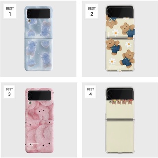 The nine mall / Galaxy Flip 2 3 4 5g Hard Phone Case - clear color pink blue pattern bear heart checkerboard blue yellow flip4 ninemall