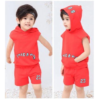 พร้อมส่ง❗ชุดเด็ก สีแดง เสื้อฮู้ด+กางเกงขาสั้น น่ารักมาก✈
