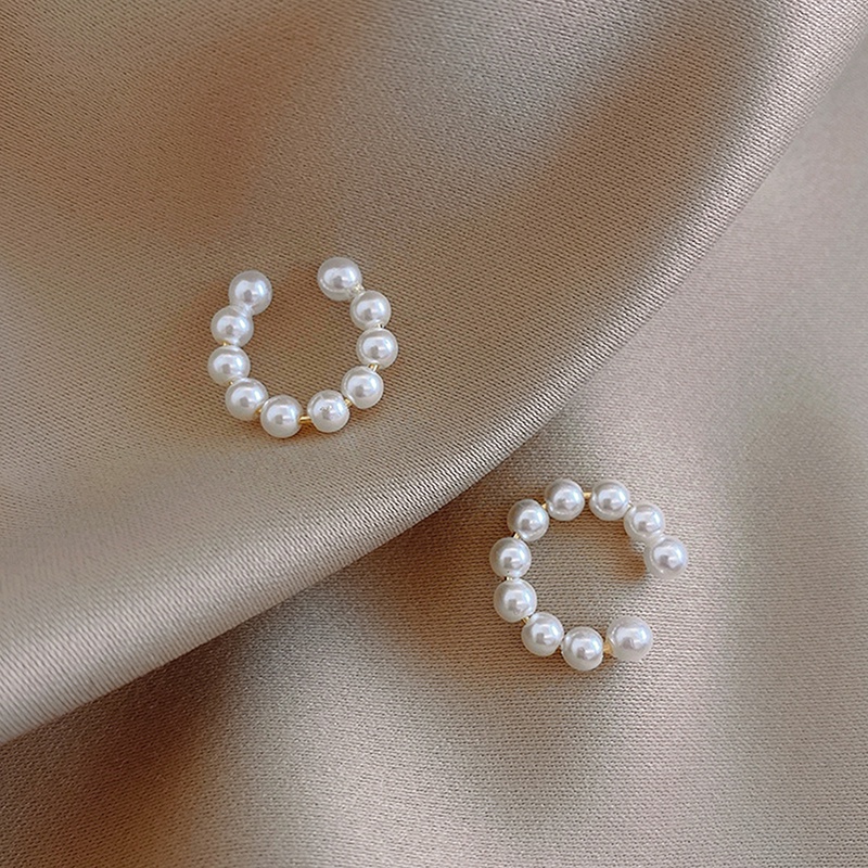 พร้อมส่ง ต่างหูแบบหนีบ รูปตัว C ประดับมุก สไตล์เกาหลี