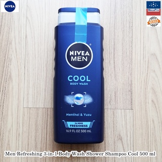 Nivea® Men Refreshing 3-in-1 Body Wash Shower Shampoo Cool 500 ml นีเวีย เจลอาบน้ำ + แชมพู สำหรับผู้ชาย