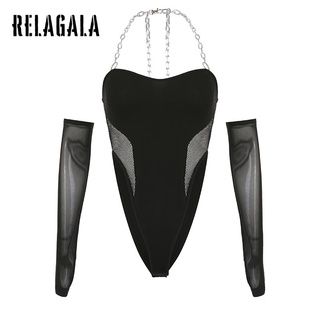Relagala ชุดบอดี้สูท แขนเชียร์ เซ็กซี่ เปิดหลัง สายโซ่โลหะ สําหรับผู้หญิง