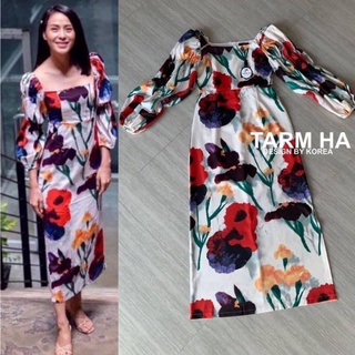 SALE!!! S-L Dress เดรสสีขาวลายดอกทิวลิปแขนพอง งานป้าย Tarm Ha